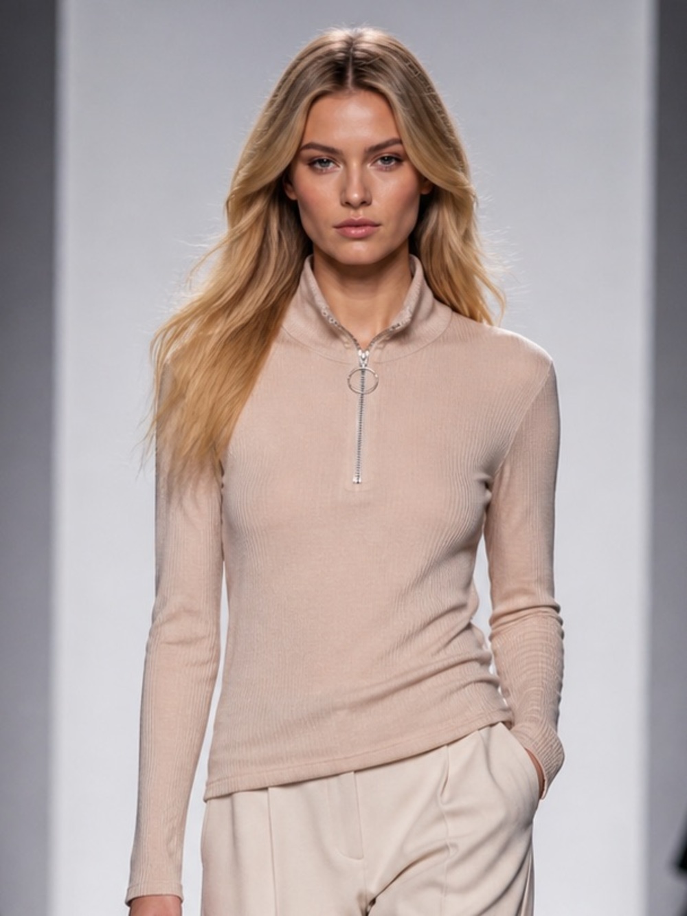 Beige Ribbed Zip-Up Mock Neck Top | Minimalist Chic | Size L